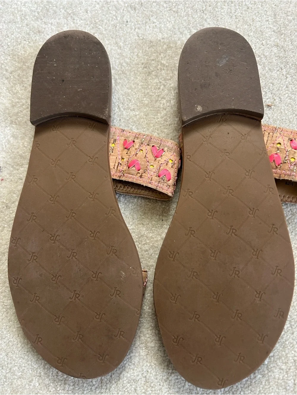Jack Rogers Tan Slide Sandals with Pink Embroidered Flowers Sz 8.5 EUC
